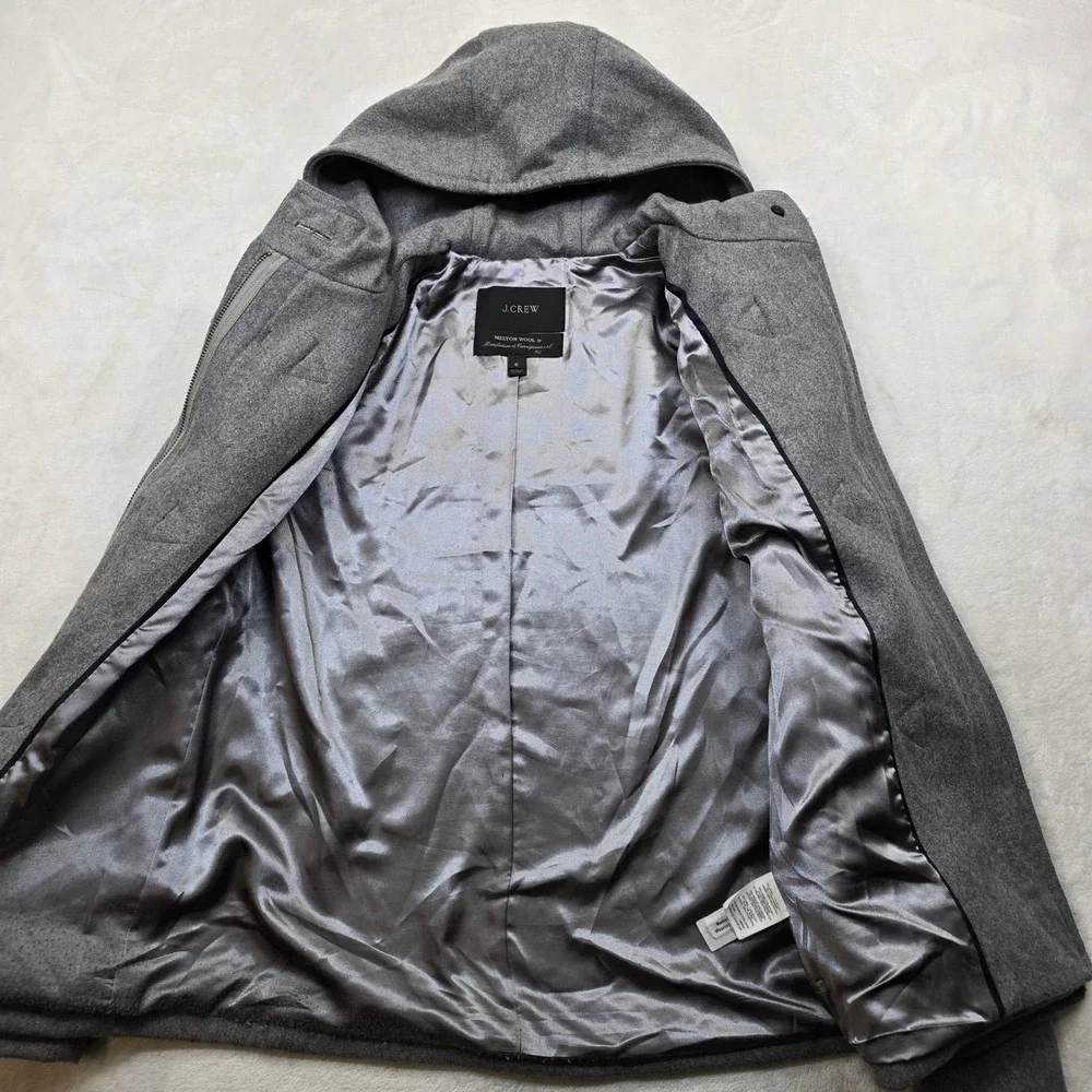 J Crew Duffle Coat Womens XS 0‎ Grey Melton Wool Italy Hood Toggle Peacoat